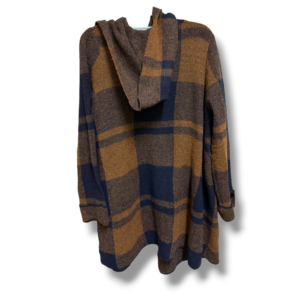 Absolutely Famous Brown Navy Plaid Hooded Open Front Cardigan Sweater 2X Plus - Picture 4 of 6